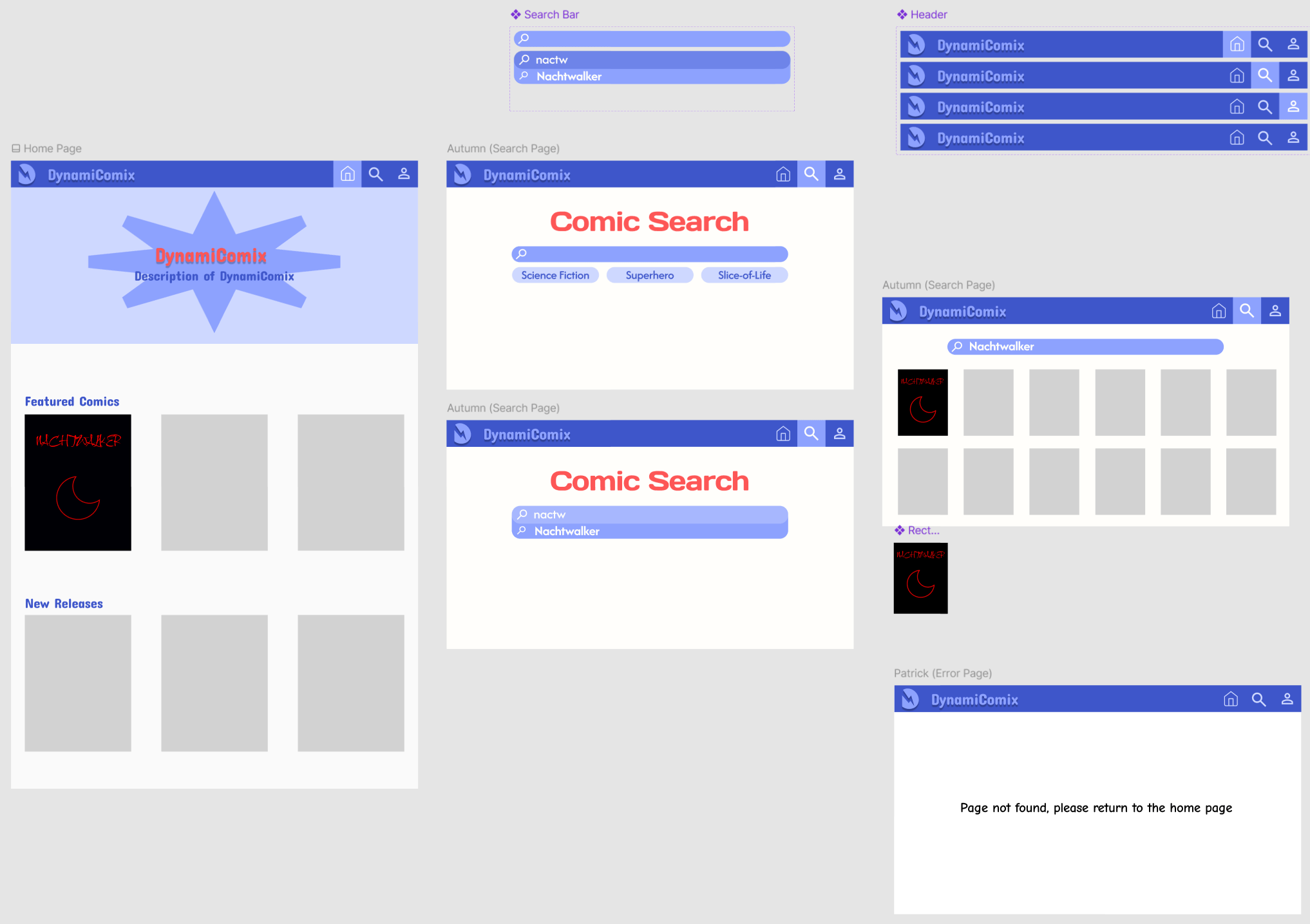 A screenshot of part of the figma file for the DynamiComix application