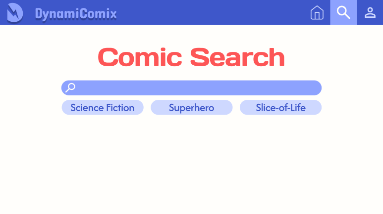 A screenshot of the search page of the DynamiComix application