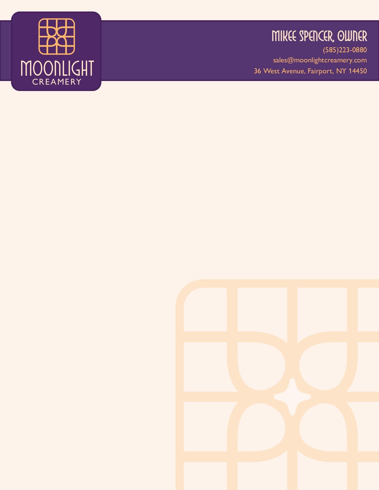 Letterhead with a watermark of the Moonlight Creamery Logo