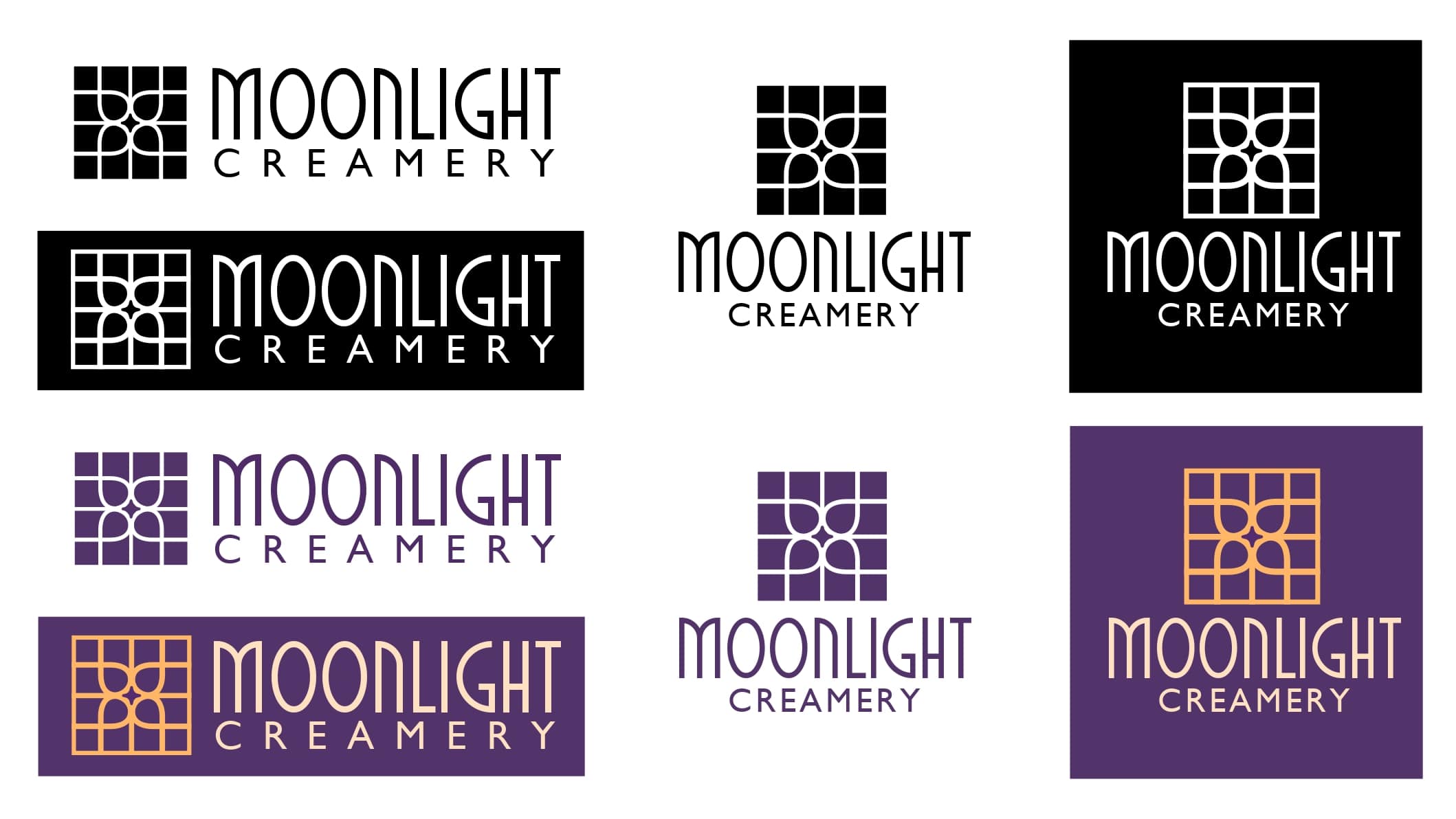 A page with different styles of the Moonlight Creamery Logo