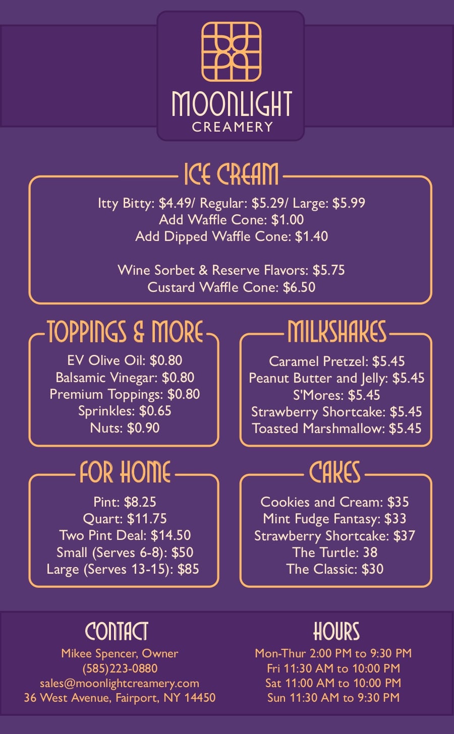 A menu listing different ice cream and desserts