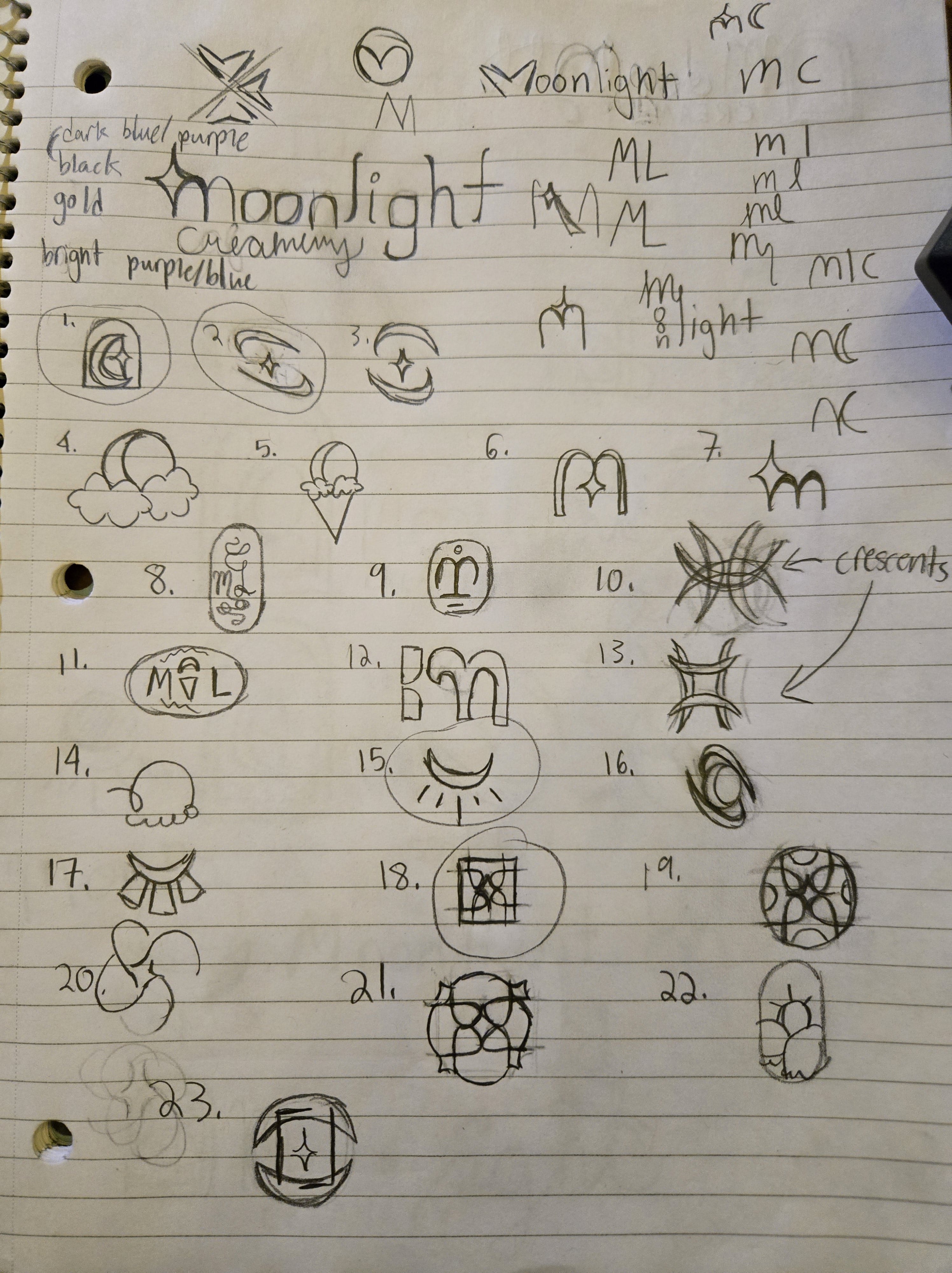 A page with sketches of logo ideas for Moonlight Creamery