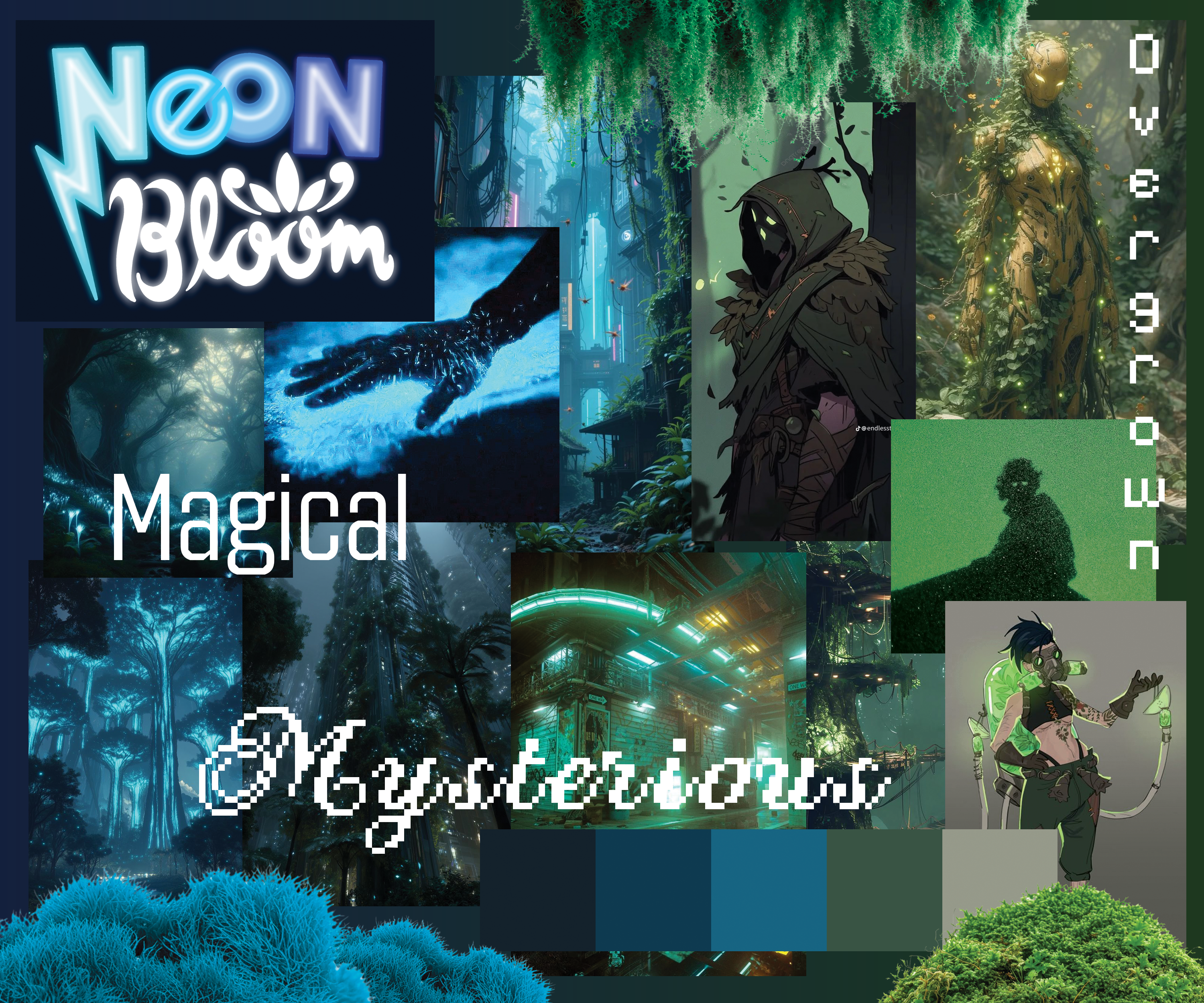 A collection of blue and green images
