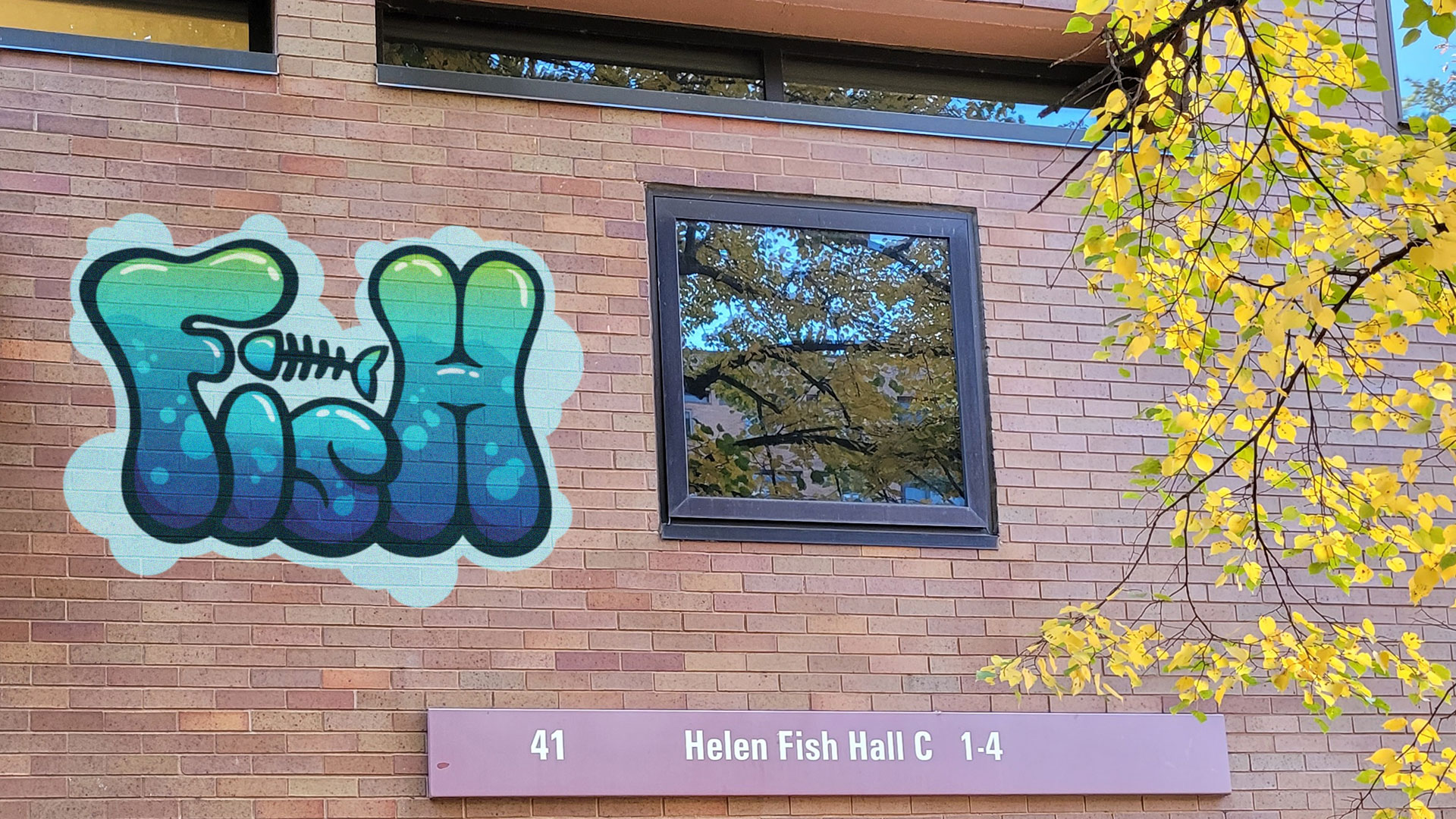 A graffiti tag 'Fish' on a wall